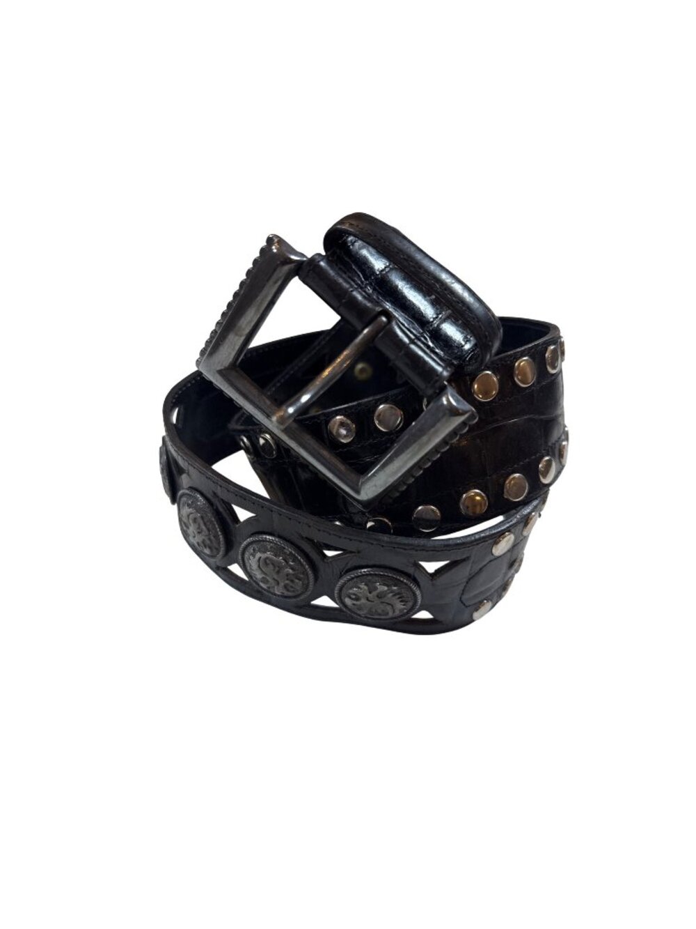 Avignon vintage Black Leather Belt Silver Lion Medallions Stud Detail 37, large"